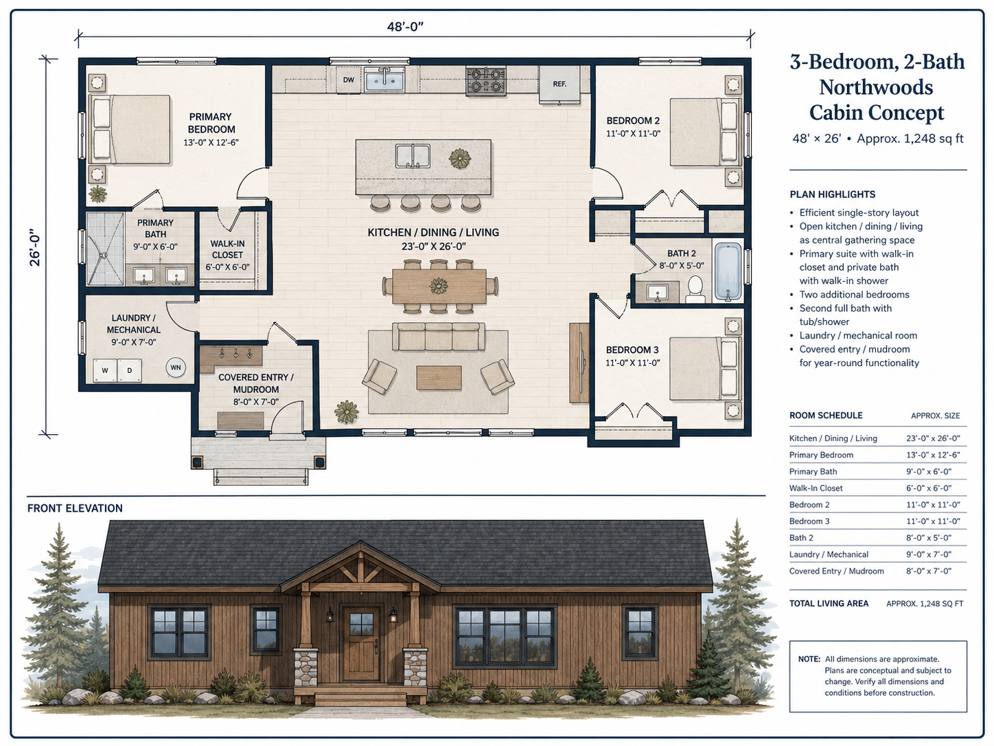 Three-bedroom cabin plan sheet